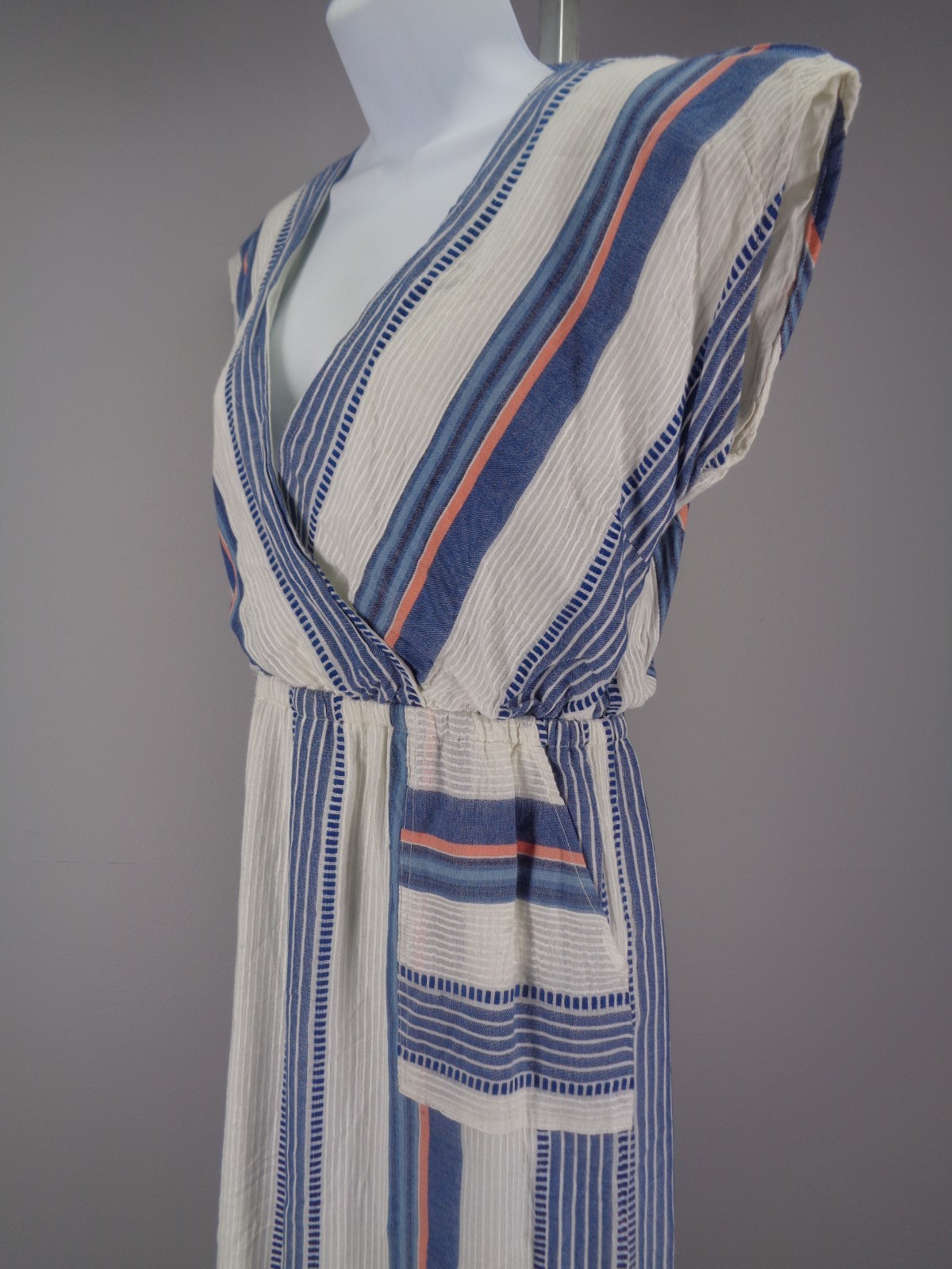 THML Stripe Pom Pom Tie Neck Dress Size Small White Blue Coral