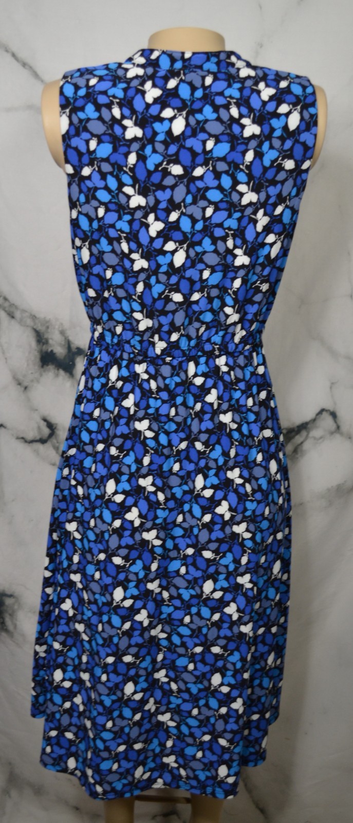 ANNE KLEIN Black Blue Beige Leaf Print Sleeveless Dress 10 Elastic Waist