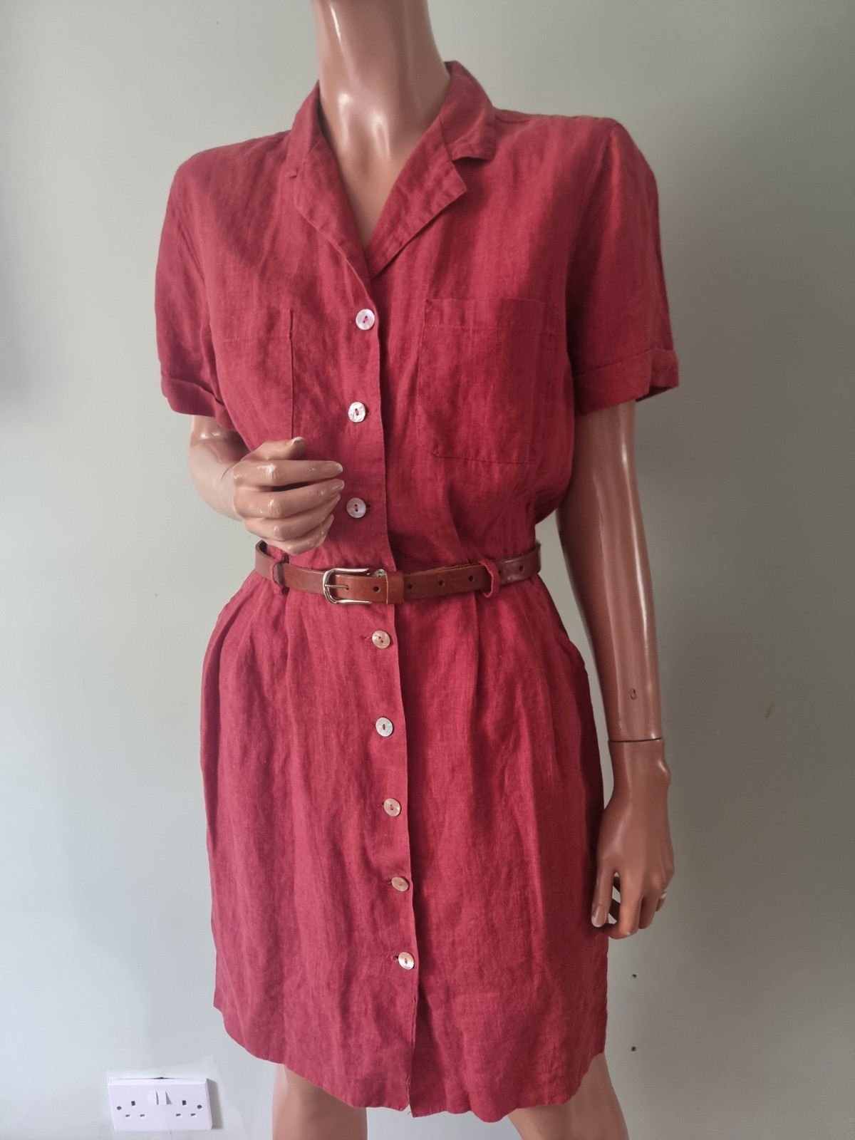 UK:10 100% Linen Button Front Red Safari Style Shirt Dress Red Knee Length