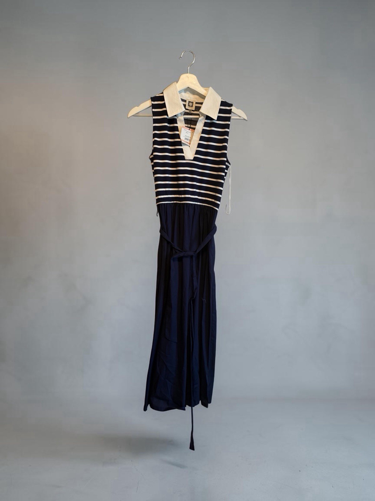 CAbi Navy/White Striped Sleeveless Collared Shirt Dress Tie Belt Midi M