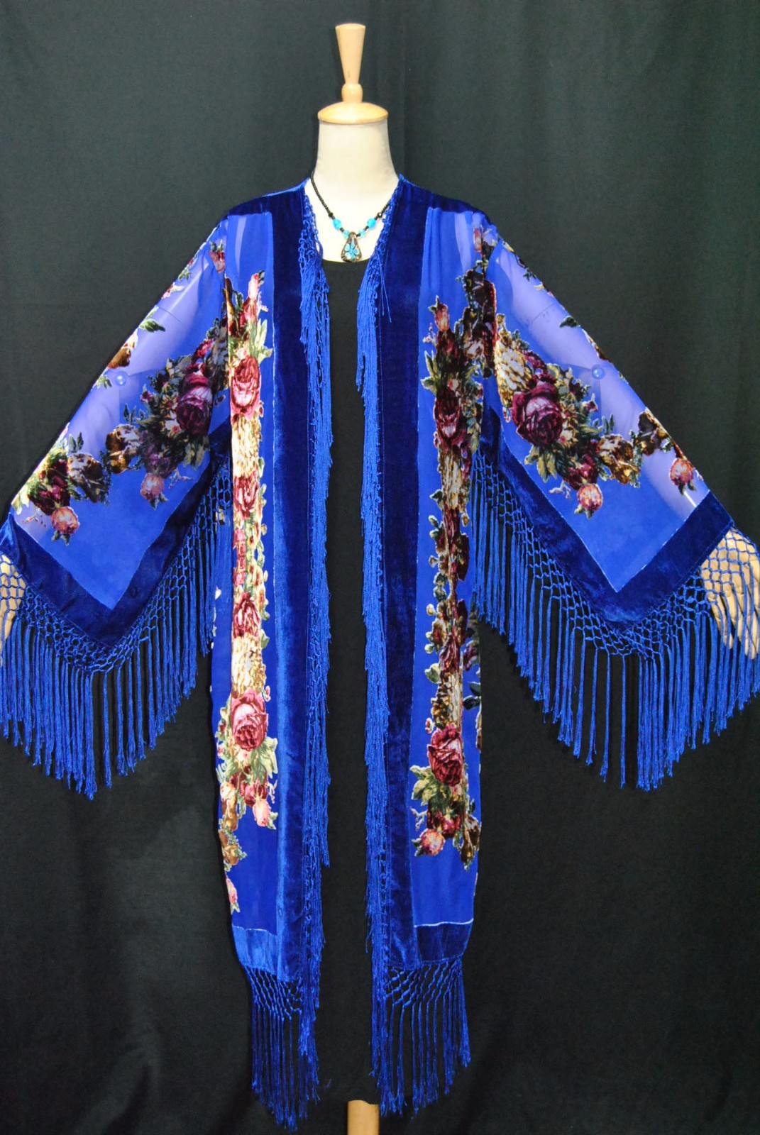 Art to Classic Eastern Flower Burnout Velvet Fringe Jacket Coat Kimono Duster