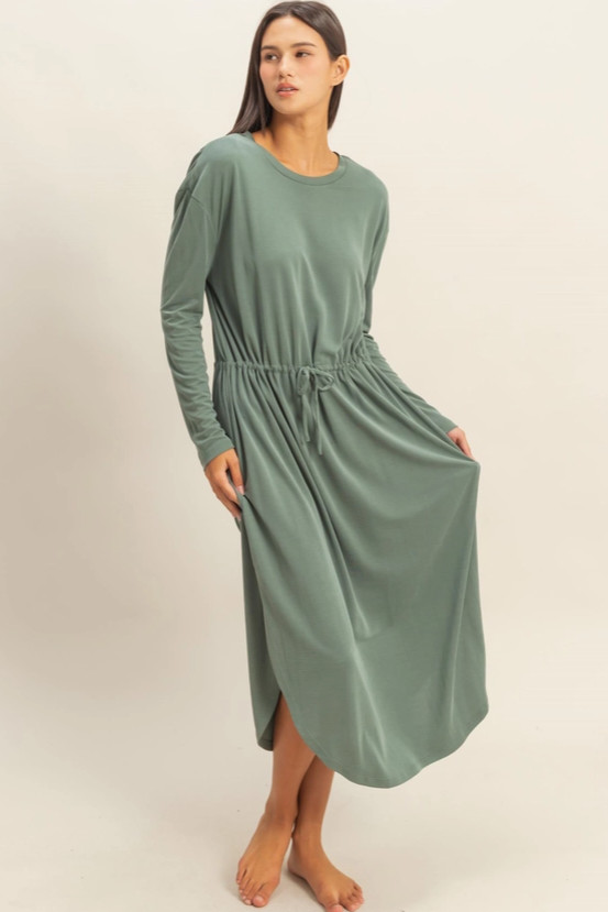 Double Zero Drawstring Waist Long Sleeve Midi Dress gray green