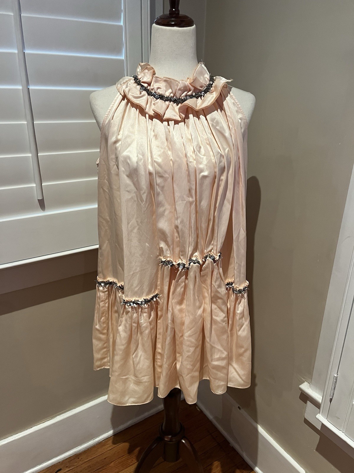 Arrogant Cat Peach Silk Blend Jeweled Flare Mini Dress