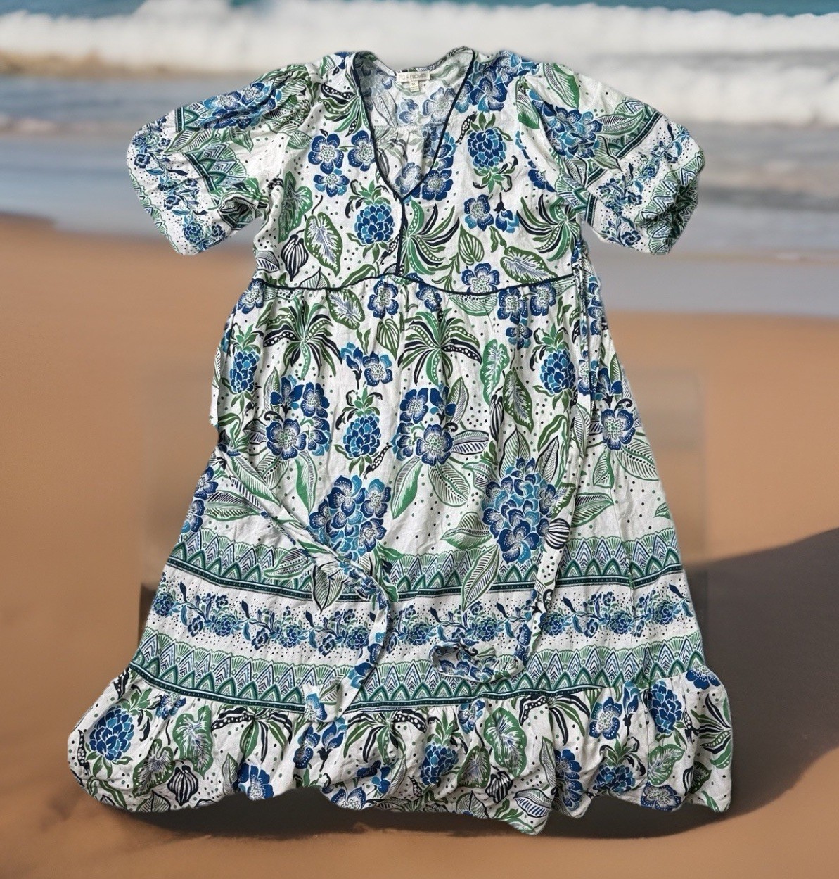 Fig & Flower Dress Linen Rayon Blend Blue Green Floral Comfort Beach Sz XL