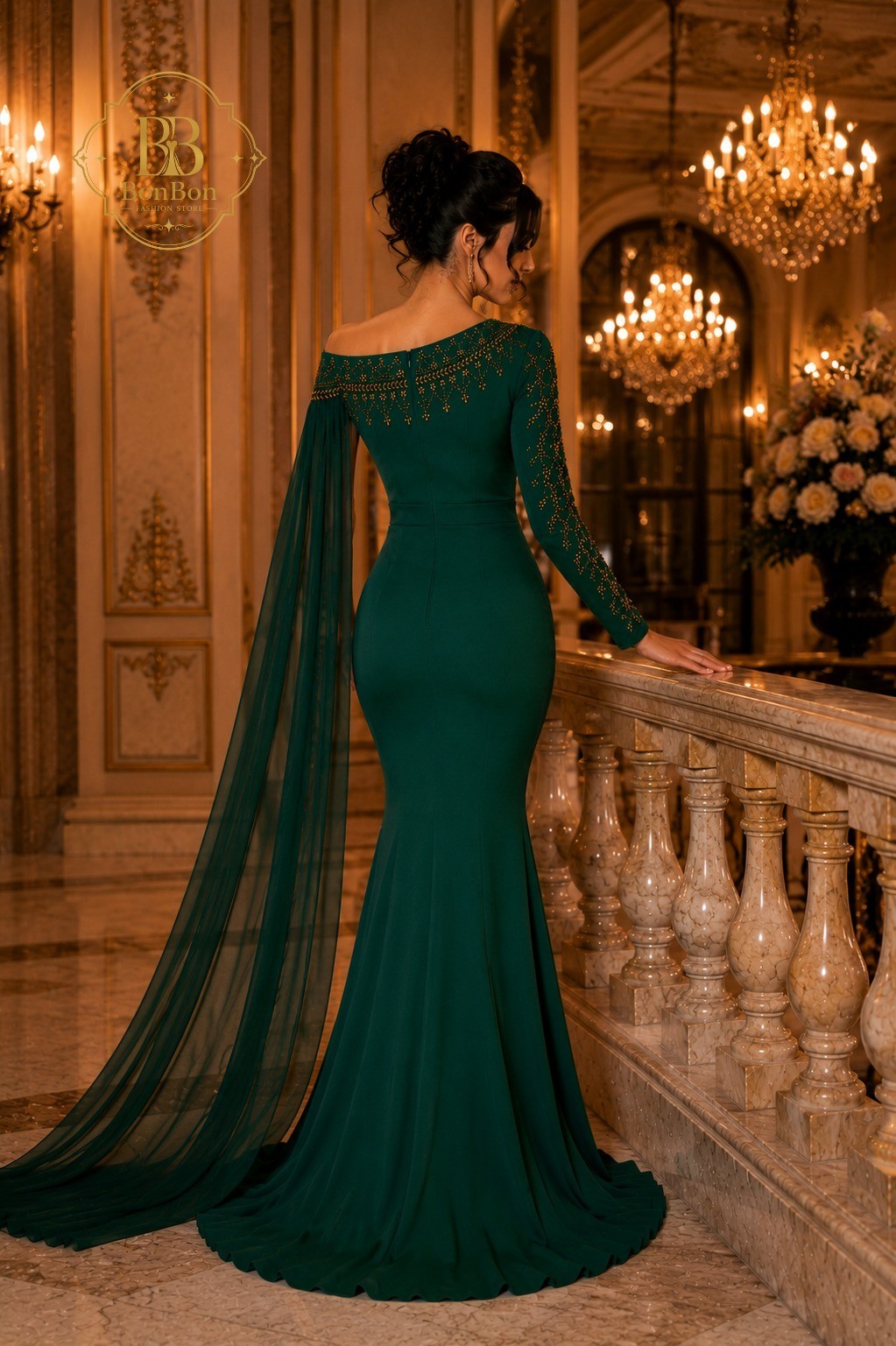 Emerald Green One Shoulder Evening Gown Formal Maxi Dress Cape Sleeve EU 38-48