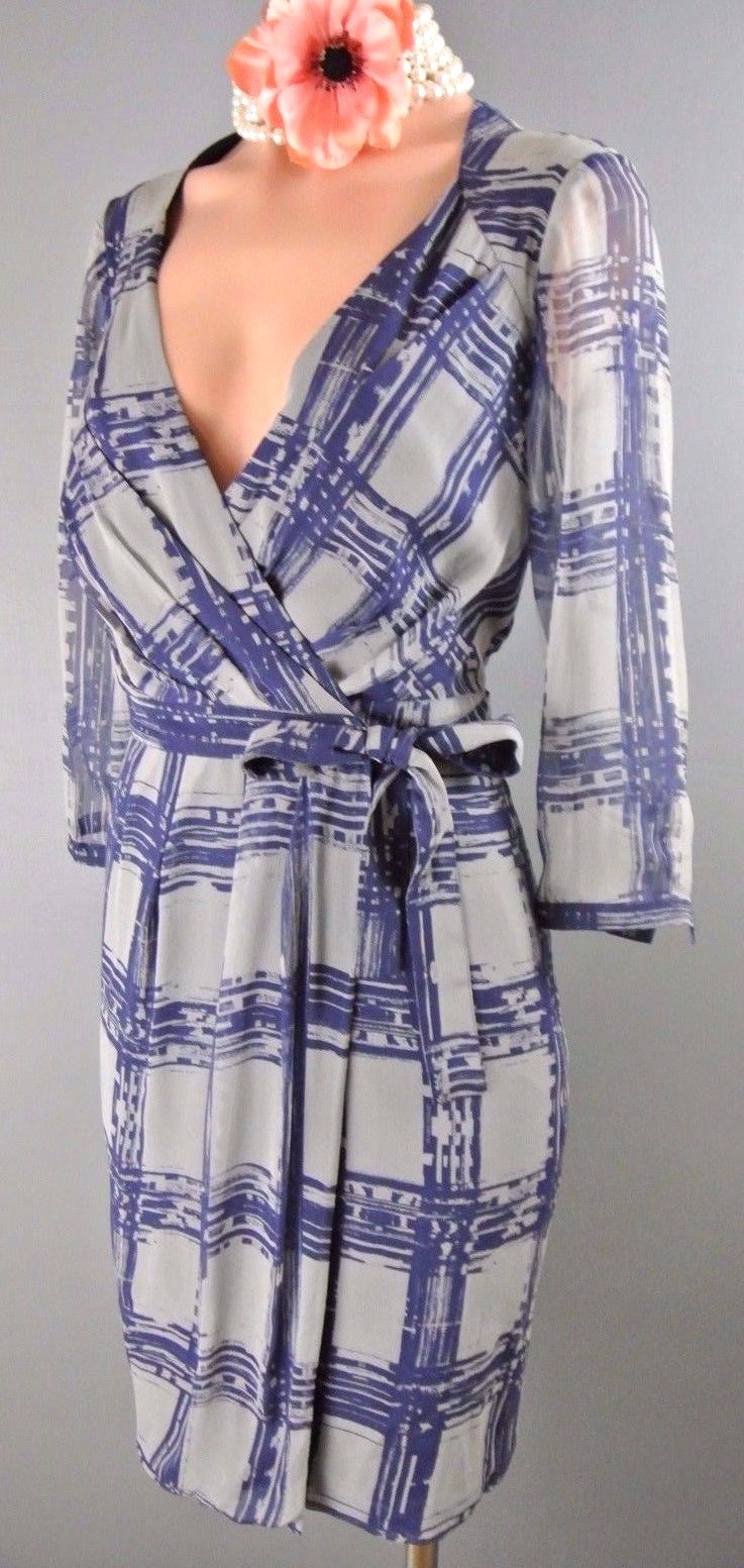 In Add Minus Wrap Sheath Dress 6 S Work Cocktail Checkered SILK Blue Gray