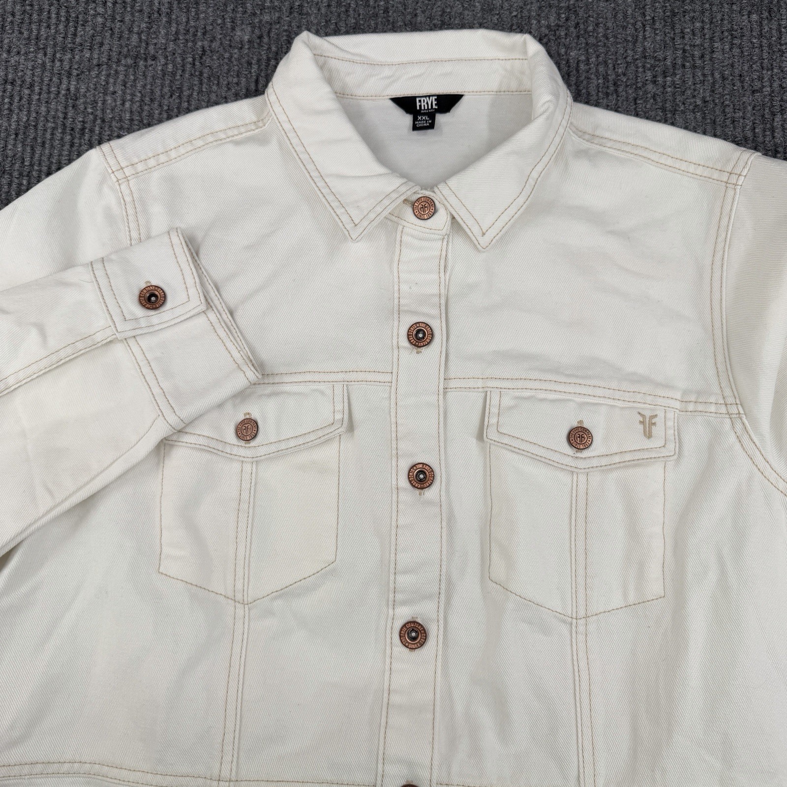 Frye Women Denim Off White Button Up Long Sleeve Shirt Mini Dress XXL Cowgirl