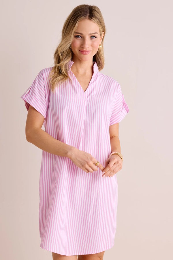 Avara Marissa Collared Pink White Striped Shirt Dress Size Small Short Sleeve