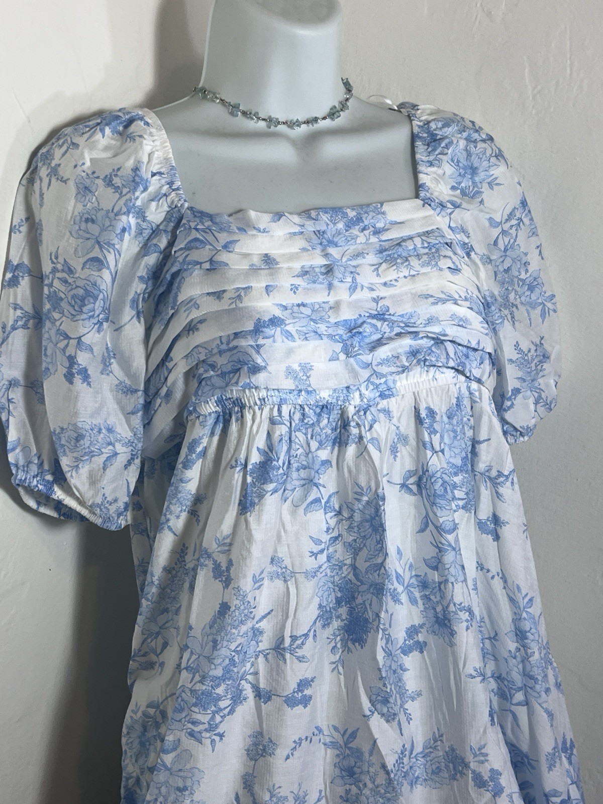 Sweet Wanderer Blue Floral Boho Summer Dress Size S Pleated Square Neck Cottage