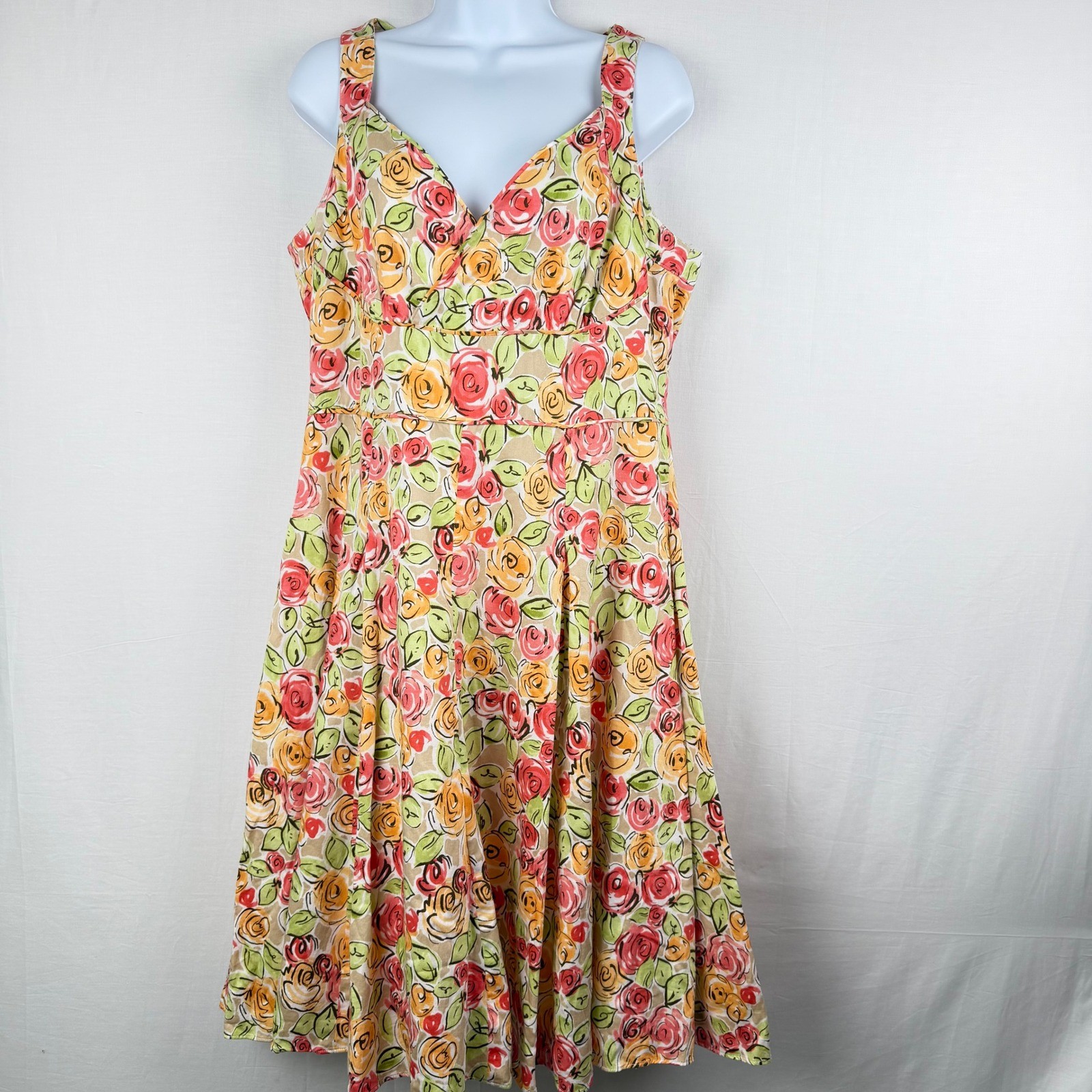 Talbots Petites Floral Rose Print Fit and Flare Midi Dress Sleeveless V-Neck 12P