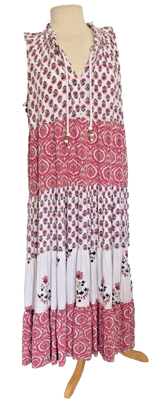Chelsea & Theodore Boho Pink Maxi Dress Women’s XL Sleevless Tiered Mixed Prints