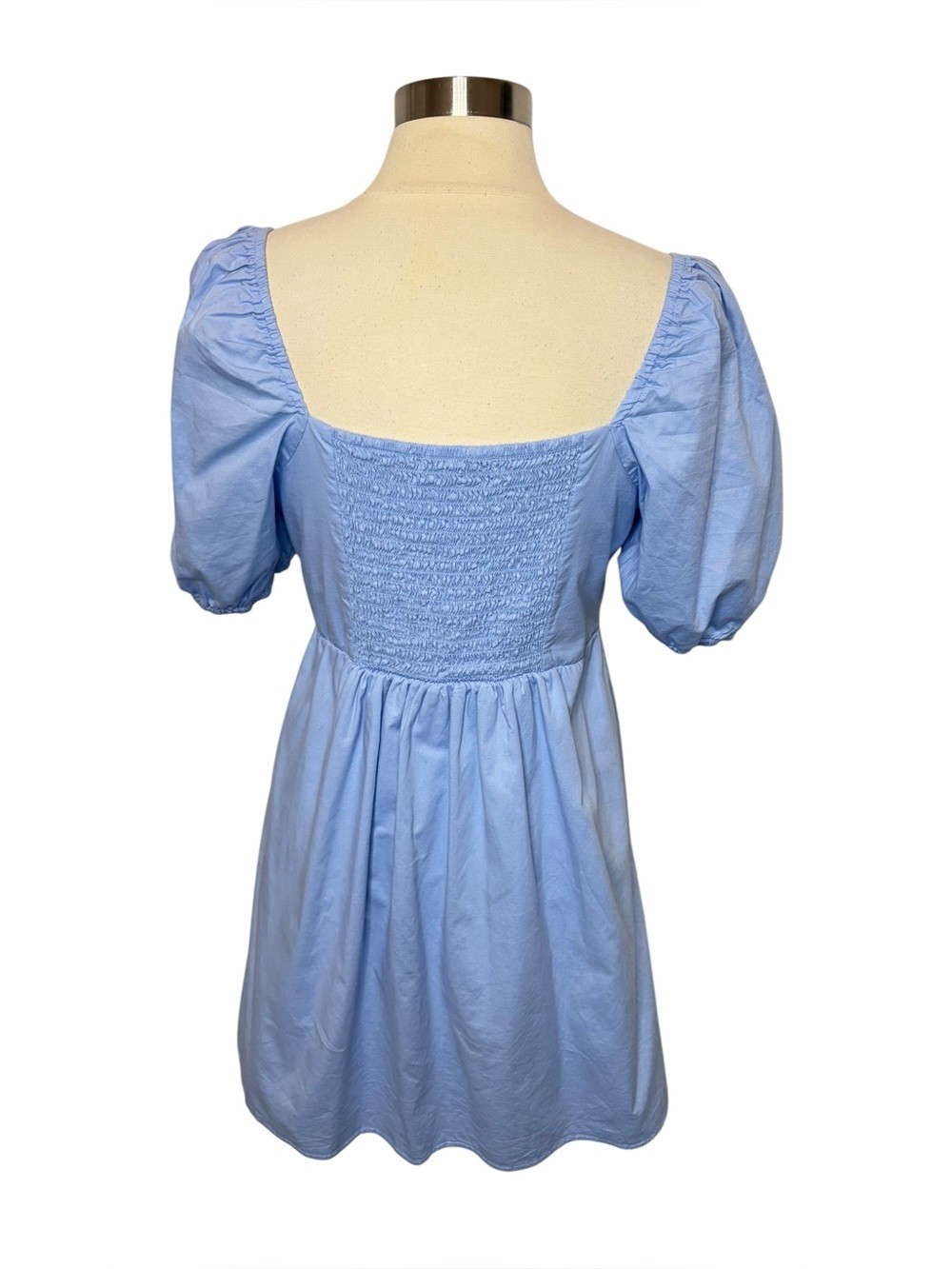 COPPER KEY Light Blue Cotton Poplin Square Neck Puff Sleeve Mini Dress, Large