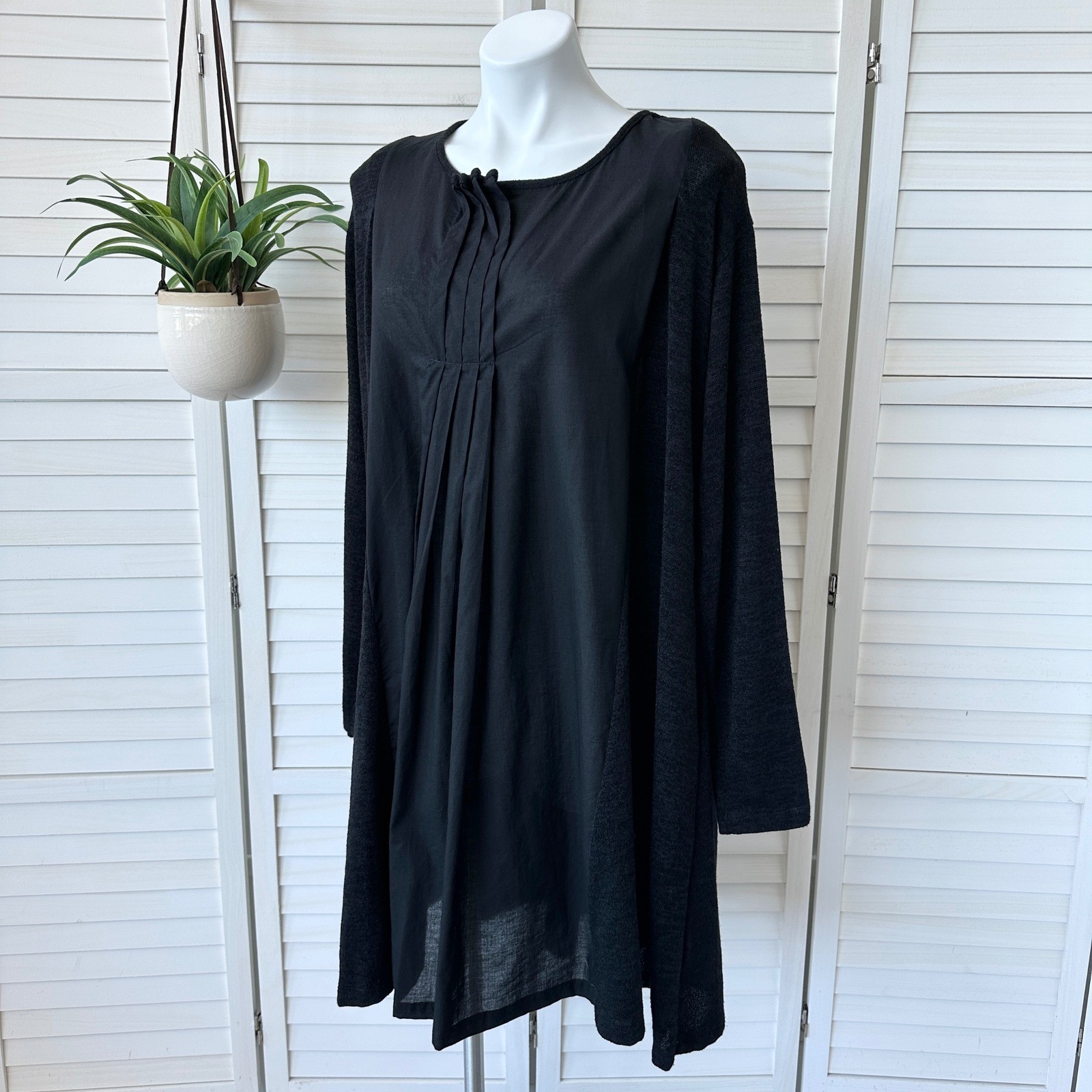 Gershon Bram Black Tunic Dress Long Sleeve Pleated Detail Lagenlook Size Large