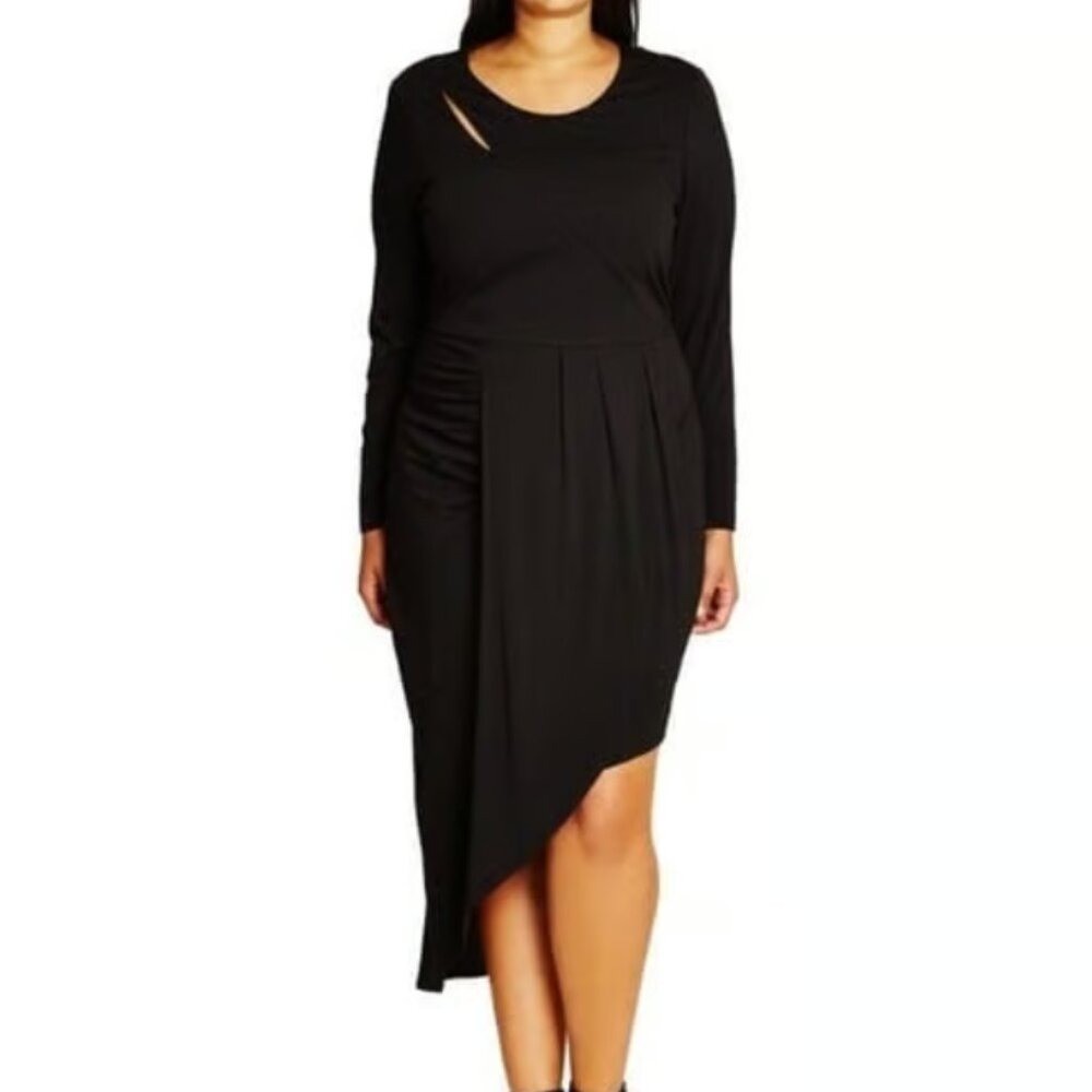 City Chic Black Long Sleeve Asymmetrical Cutout Midi Dress Ruching Size L(20)