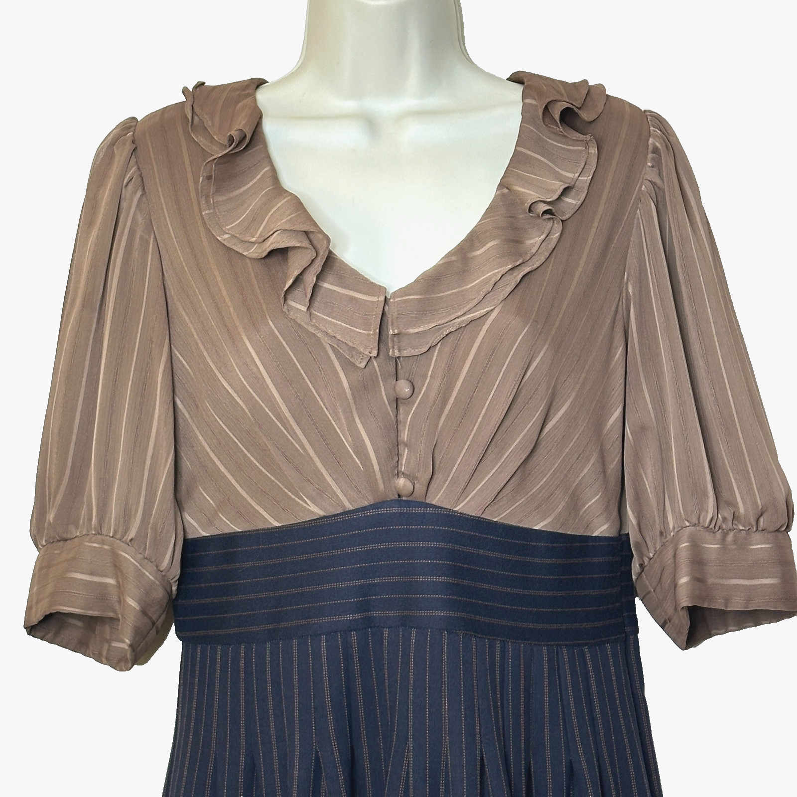 Rabbit Rabbit Rabbit Designs Tan Navy Pinstripe Balloon Sleeve Dress Women’s 8