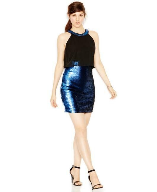 GUESS Exquisite BLACK/COBALT BLUE Sequin Halter Cocktail Dress size 0 NEW!!!!!