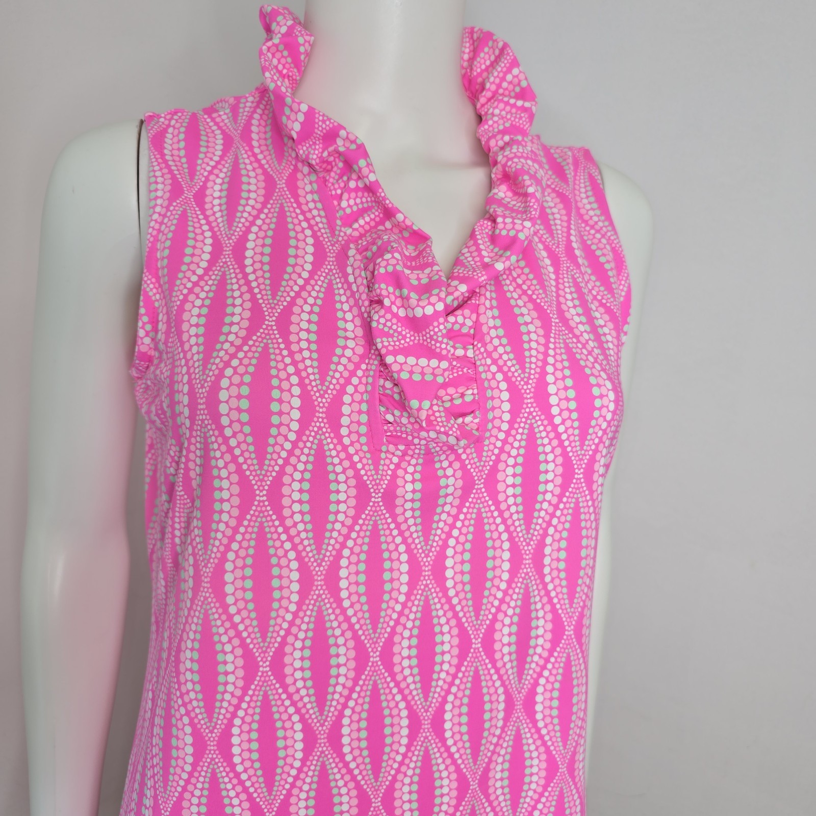Lulu B Mini Dress Size M Ruffle Neck Sleeveless Catalina Cloth Pink Mosaic Prep