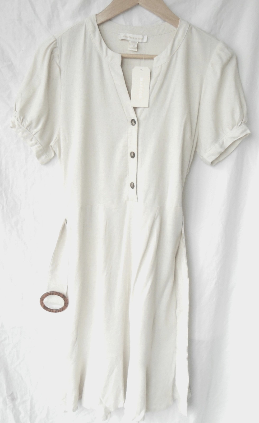 NWT Monteau Los Angeles Linen Blend Midi Dress Beige Short Sleeve Women’s Medium