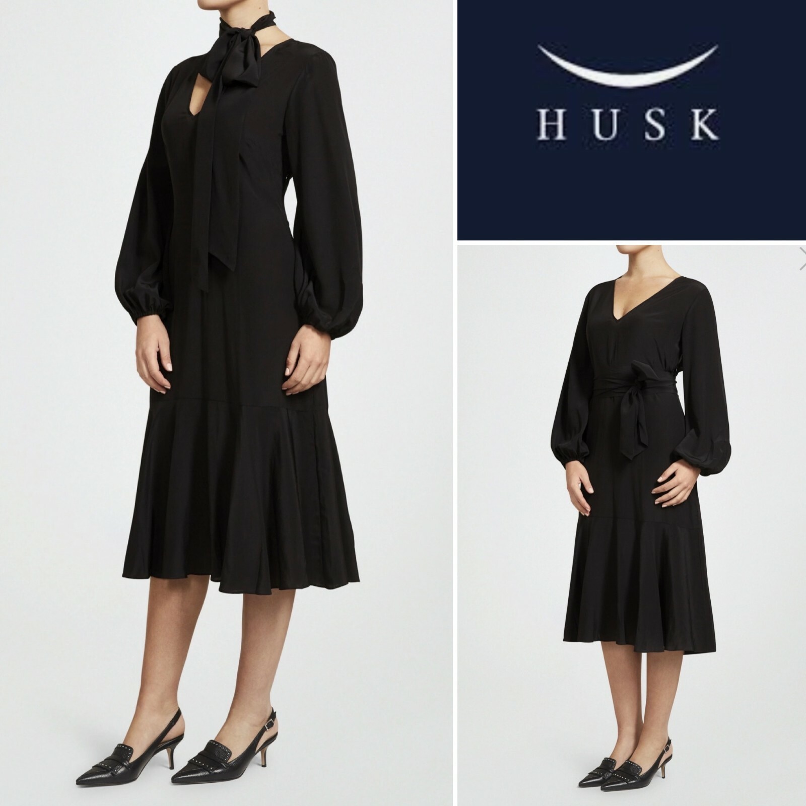 HUSK $449 Black Silk Crepe de Chine “ONYX” Dress, w/ Neck Tie or Belt 12AUST/8US