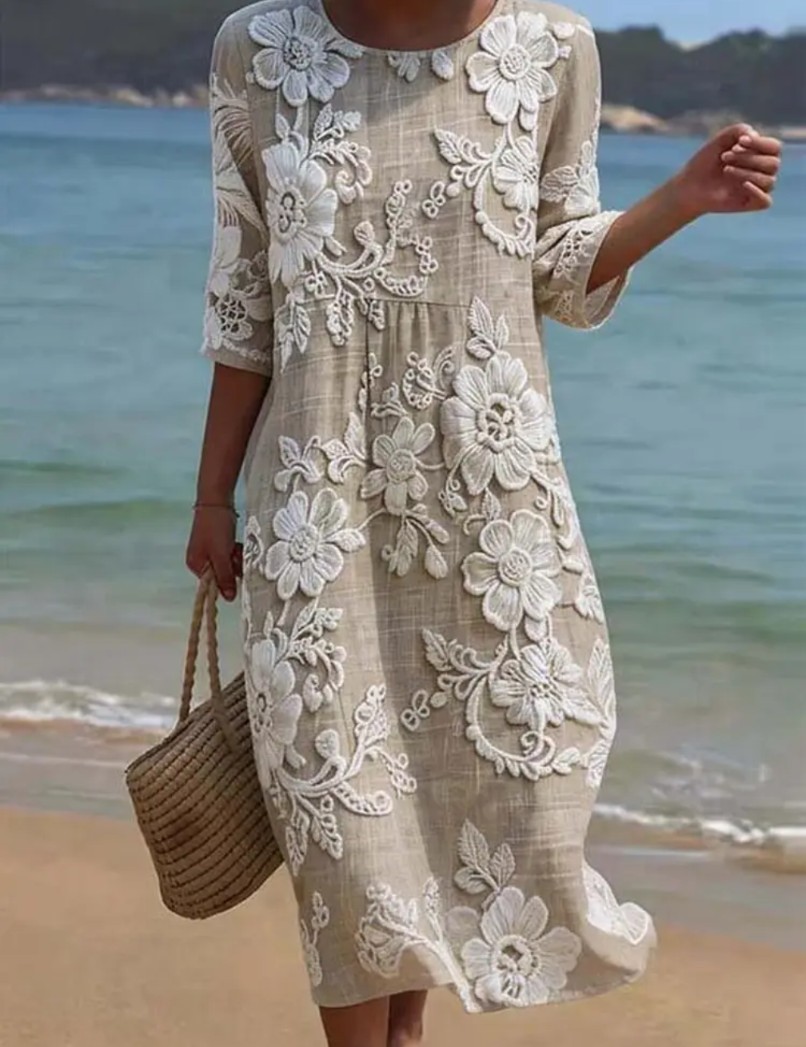 Women’s Linen Look Breathable Lightweight A Line Dress Bohemian FLORAL Print