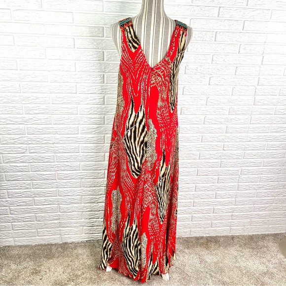 Canna Animal Leopard Print Pleated Maxi Dress Size XS Red Brown Cream Blue