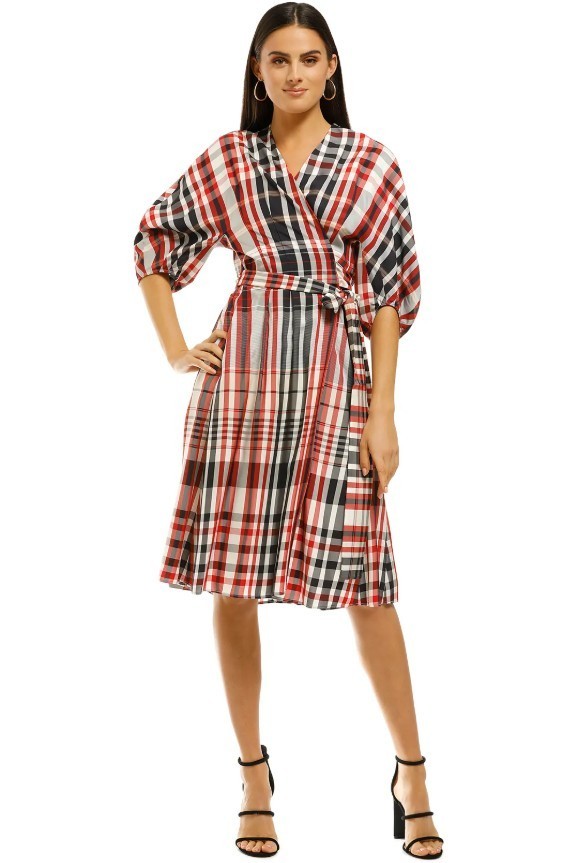 SCANLAN THEODORE Plaid Cocoon Sleeve Wrap Dress Women Size AU 8 US 4 Stripe Red