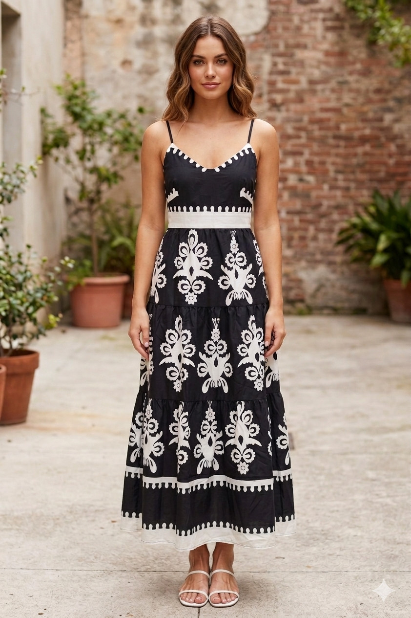 Black White Floral Tiered Maxi Dress Back Cutout Spaghetti Strap