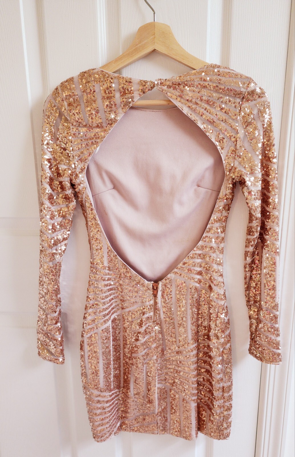 Rose Gold Sequence Mini Bodycon Dress Long Sleeve Open Back Size 8