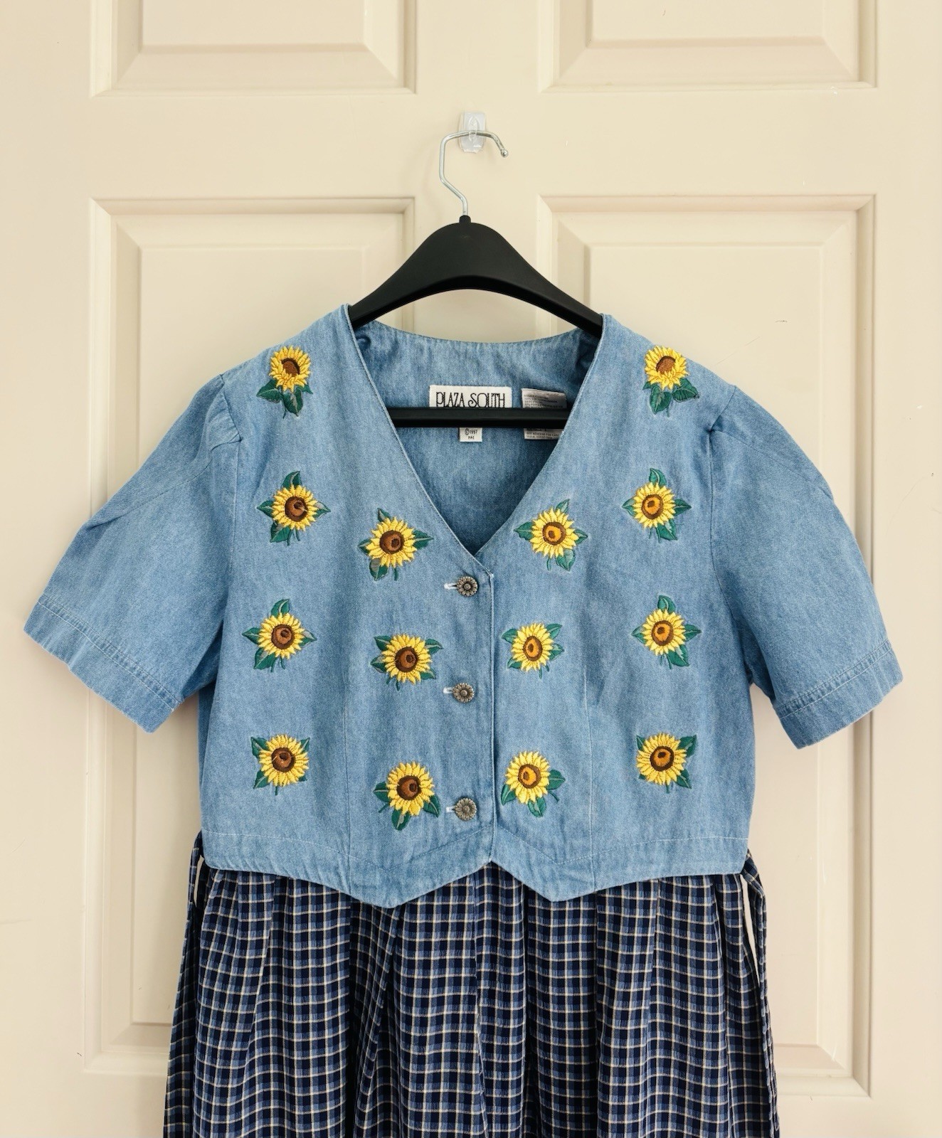 VINTAGE 1997 Blue Denim Plaid Sunflower Embroidered Dress