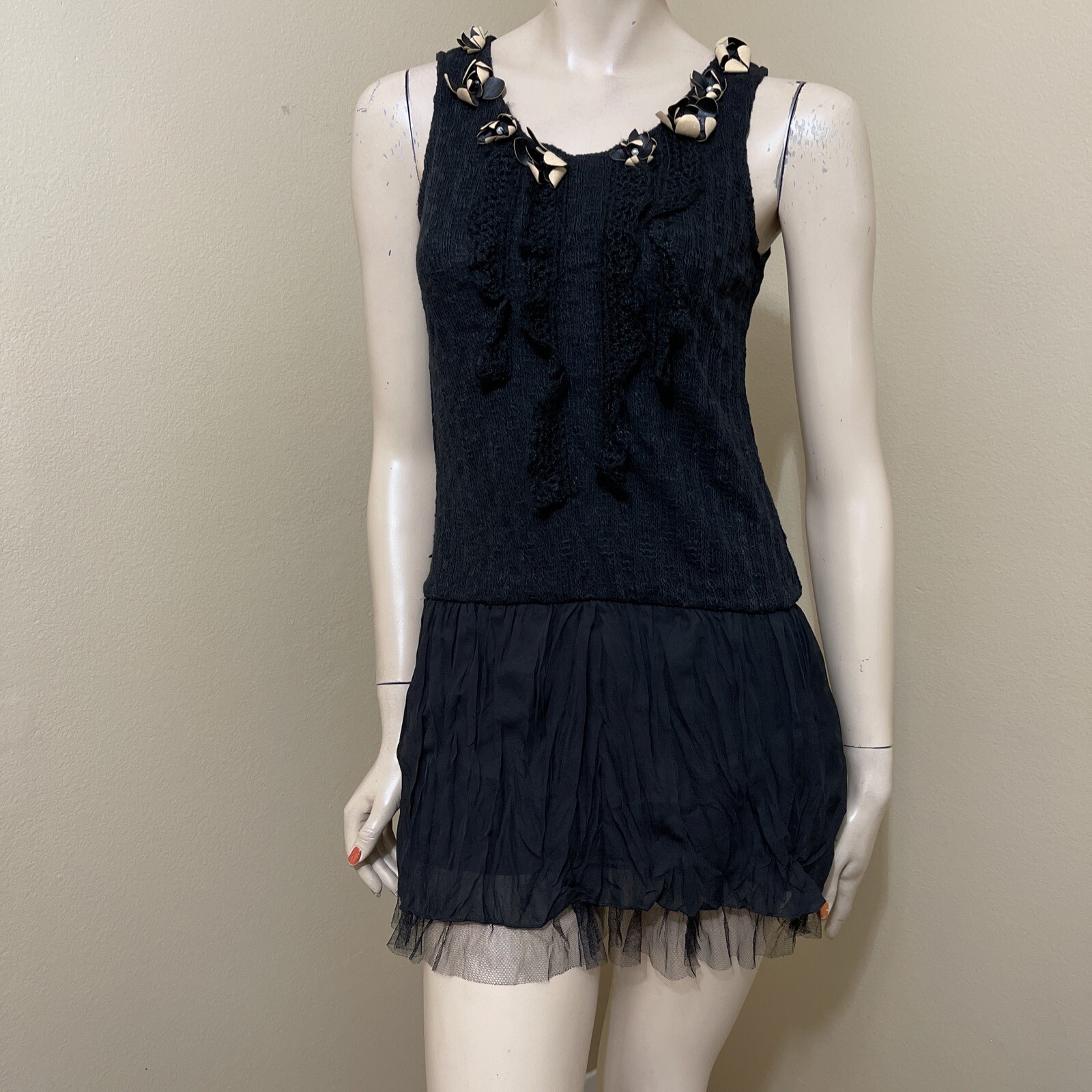 Women’s Black Cotton Dacron Party Stretch Knitted Flower Lined Size M Dress