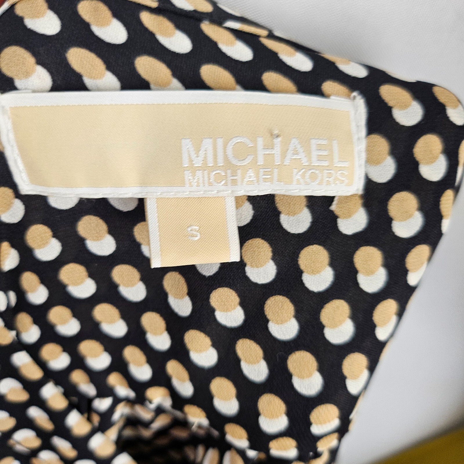 Michael Kors Beige Black Spot Maxi Dress S Button Front Belted Sheer Long Sleeve