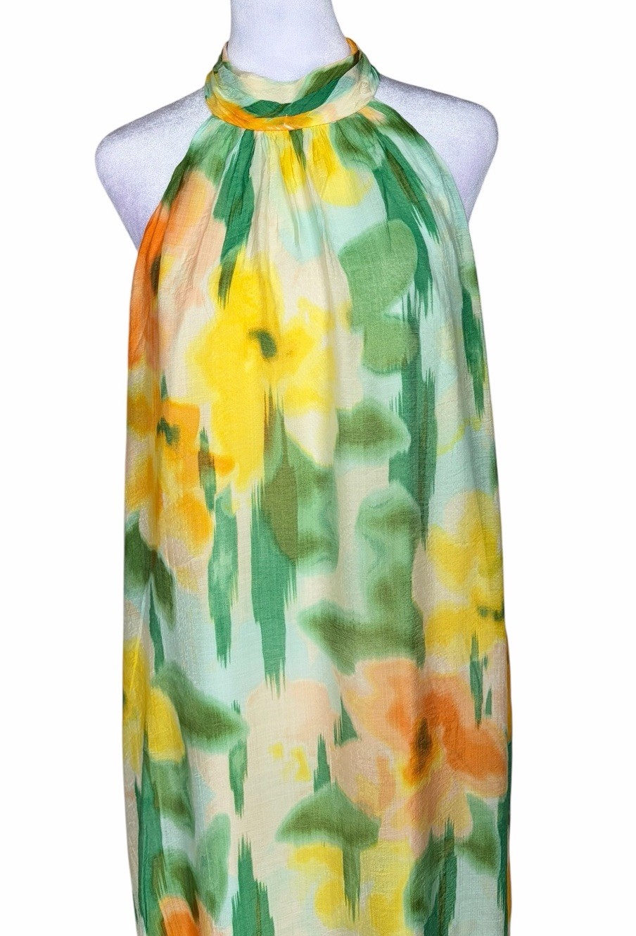 1. STATE Green Yellow Orange White Floral Halter Maxi Dress Ruffle Hem Size L