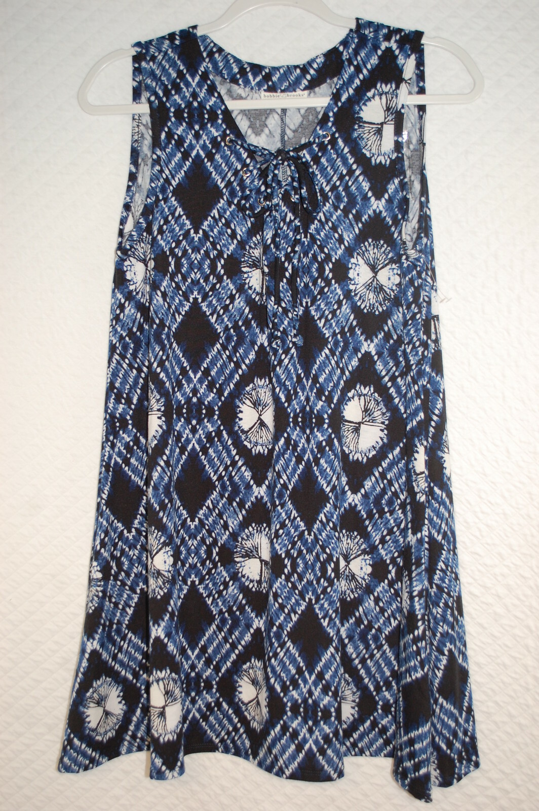 Womens BLUE WHITE BLACK DRESS Sleeveless DIAMOND TIE DYE Laced V-Neck L 12-14