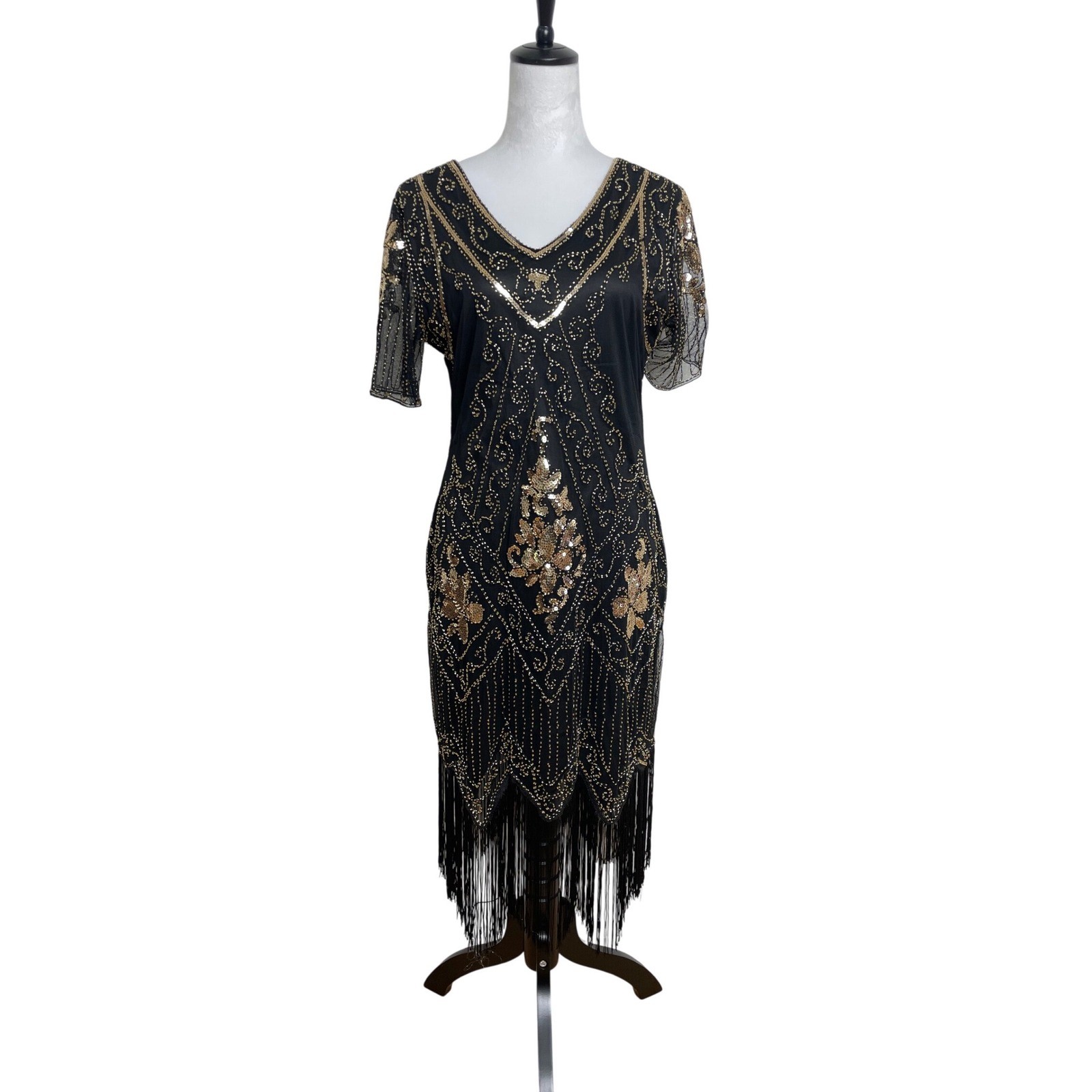 NEW Black Beaded Sequin & Fringe Flapper Midi Dress Size Large Party Statement