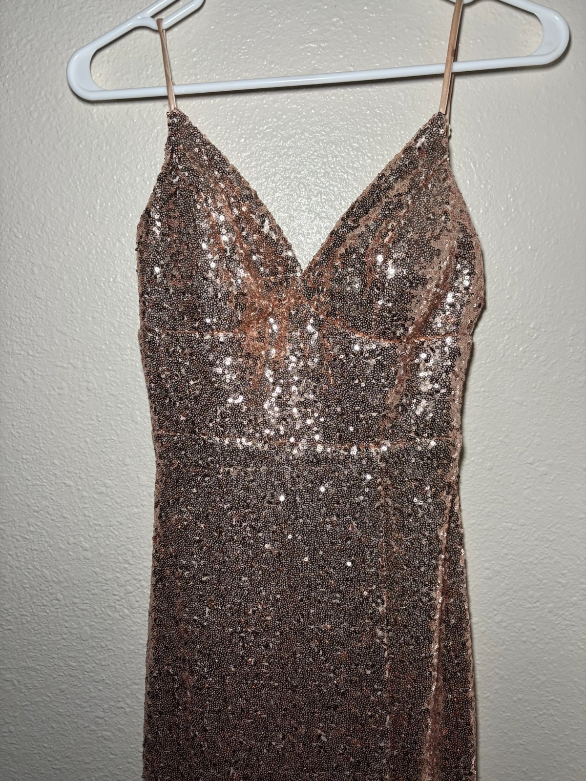 B Darlin Copper Sequin Spaghetti Strap Formal Gown Slit 5/6 Prom *Sm Flaw.