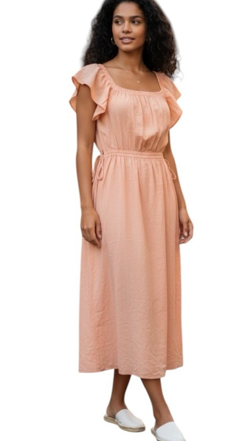 Uniqlo C Women Dress L Peach Midi Cut Out Puff Sleeve Elastic Waist NWT Summer