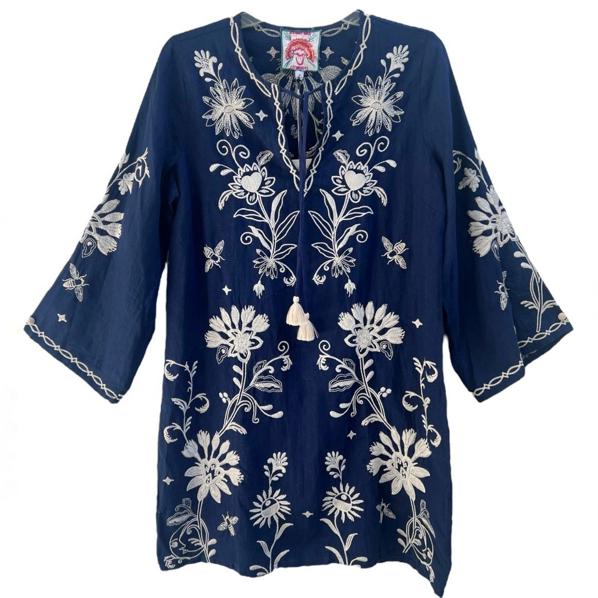 Johnny Was NWT Kimono Slv A Line Shift Dress Sz S Navy Blue Linen Embroidered
