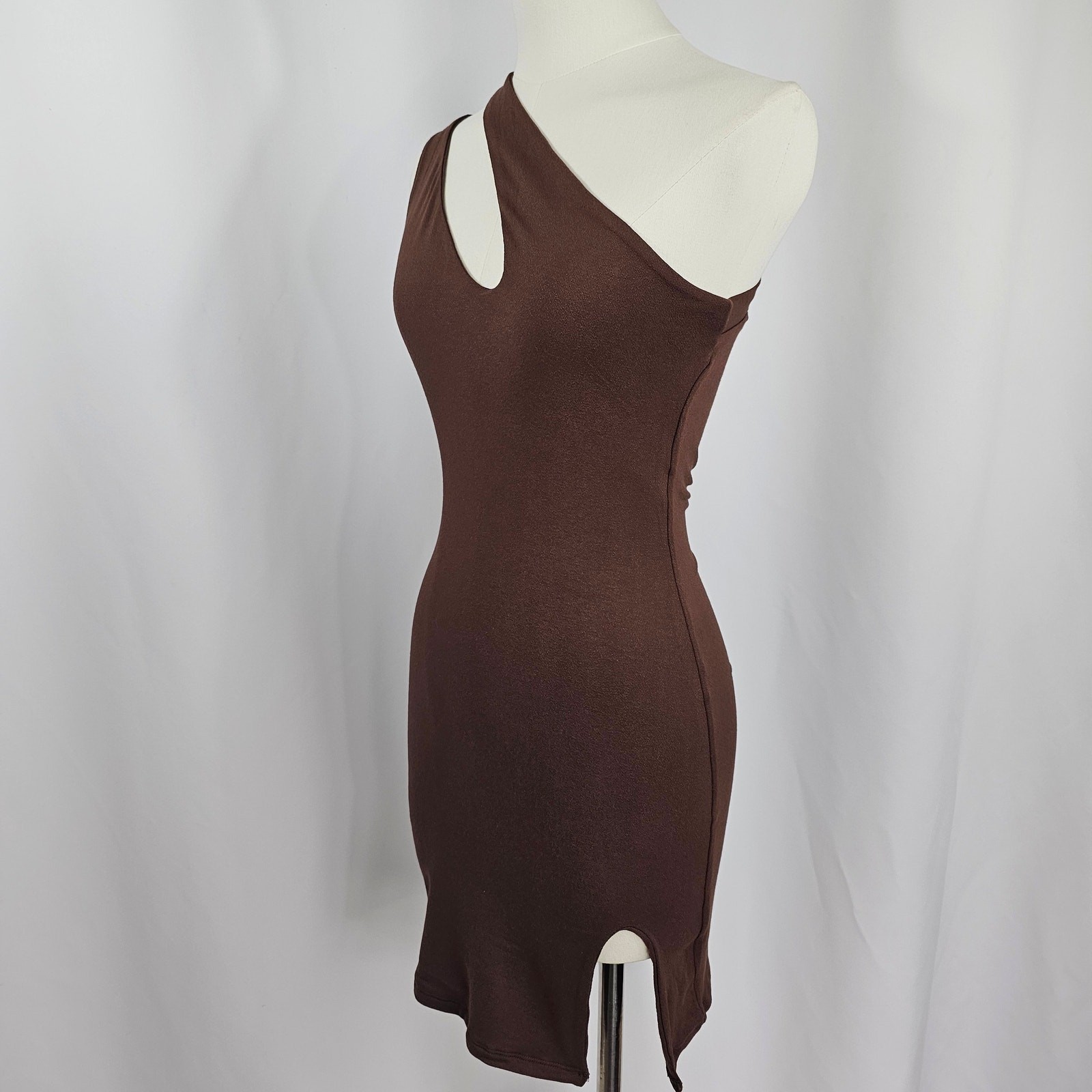 Naked Wardrobe Brown One Shoulder Front Slit Bodycon Mini Dress Size M NWOT