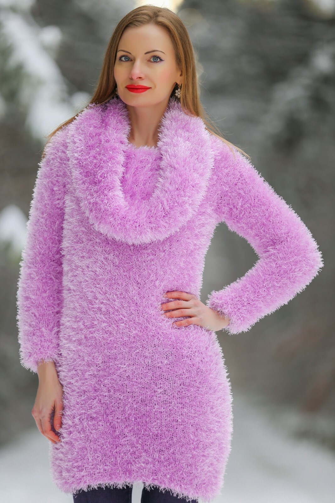 Fuzzy sweater dress sexy fashion cowlneck winter tunic fluffy top SuperTanya