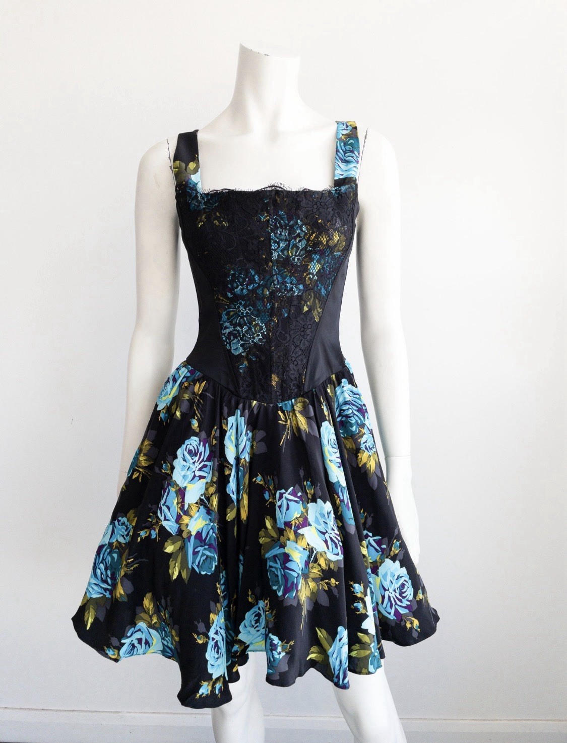 Betsey Johnson Y2K Corset Floral Fit & Flare Dress Navy Blue Lace Bodice Size 8