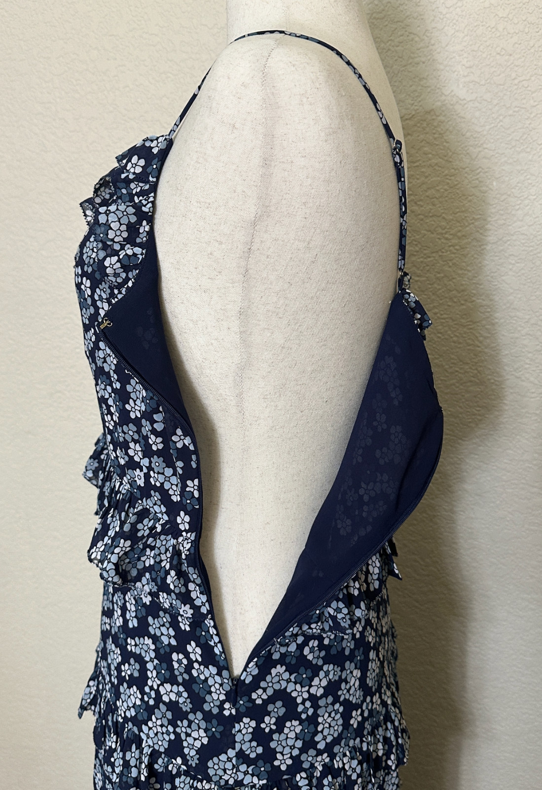 Michael Kors Floral Tiered Midi Dress Size L NWT Navy Blue Ruffle Chiffon Lined