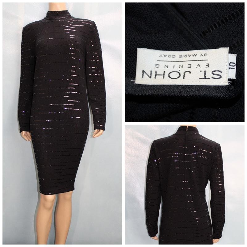 ST. JOHN Evening Knits Black Dress L Size 10 12 Long Sleeved Sequined Mock Neck