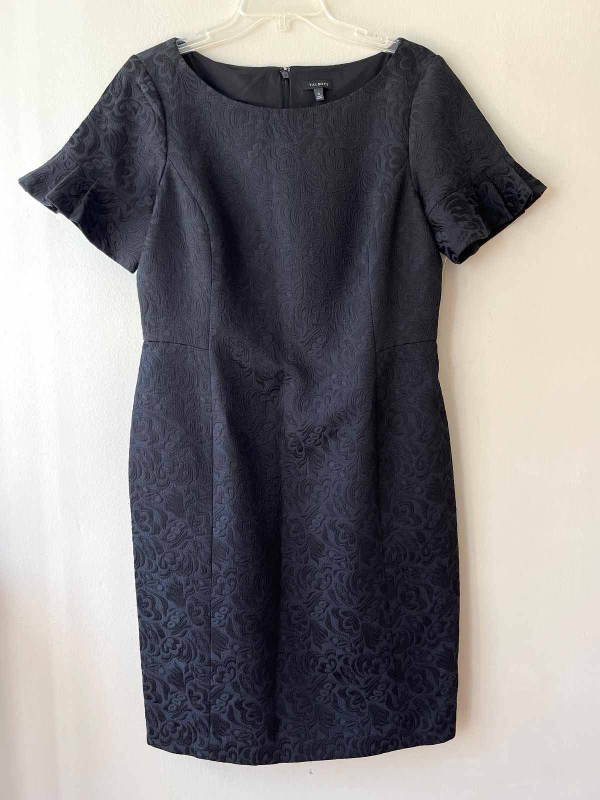 Talbots Sz 12 Black Brocade Flutter Sleeve Back Zip Midi Lined Dress