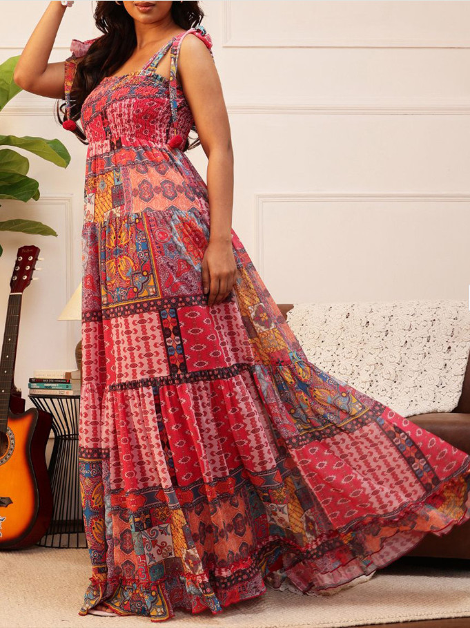 Women Print with Pom-Pom Detail Georgette Fit & Flare Maxi Dress