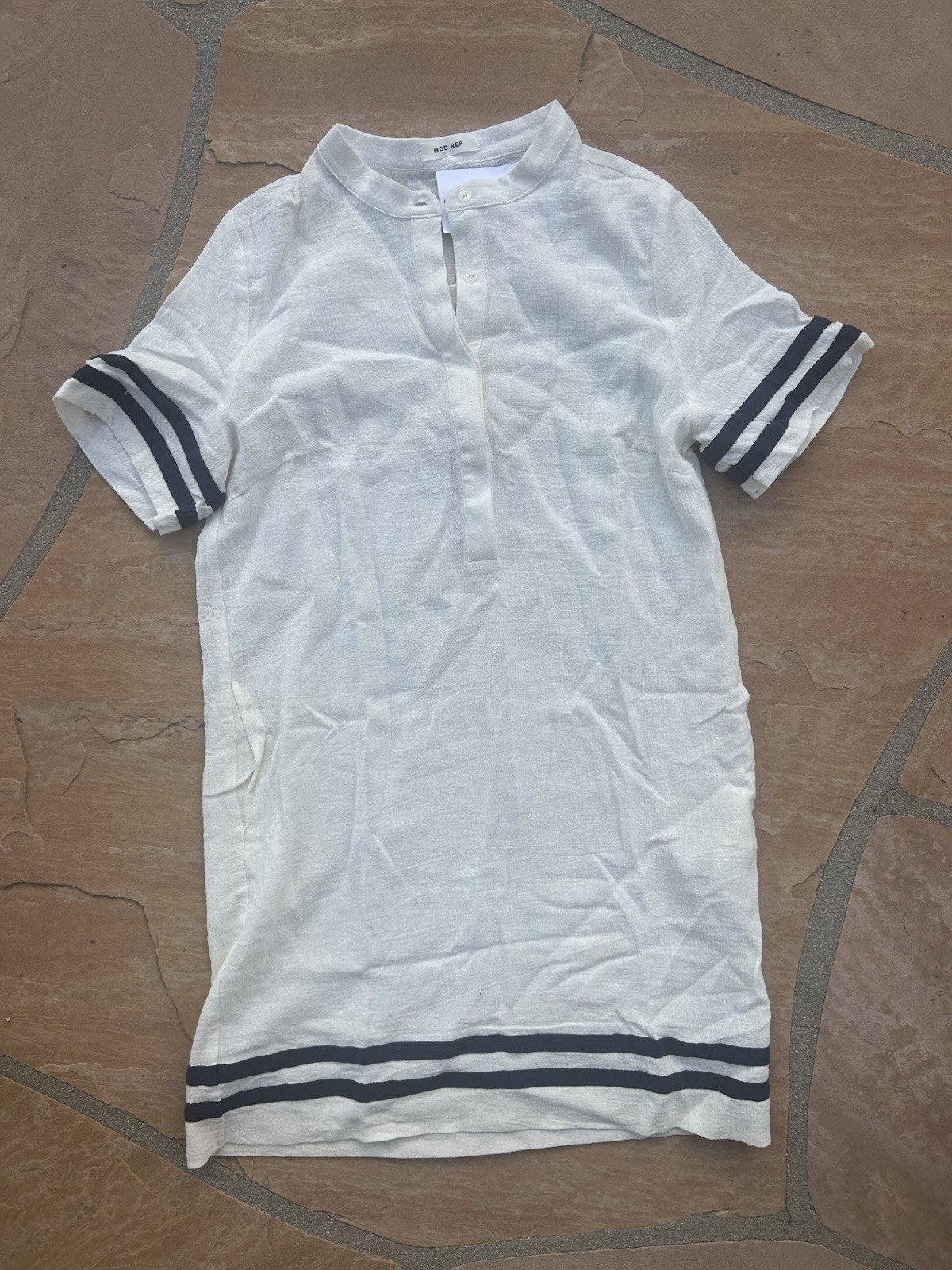 Mod Ref Womens Medium Dress Ivory Navy Stripe Short Sleeve Pullover NWT