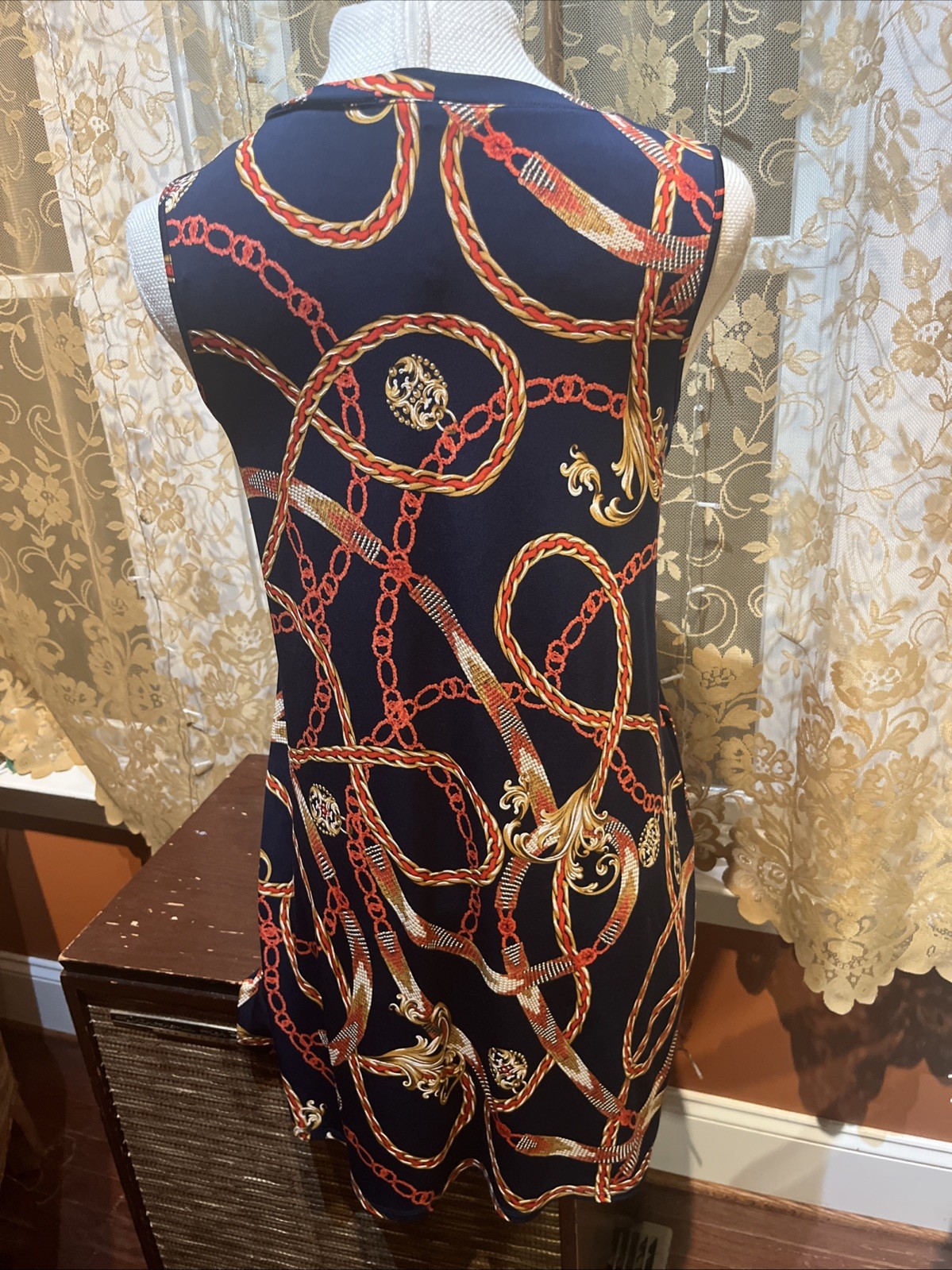 Apt 9 Womens Sz M Navy Chain Print Sleeveless Shift Dress Stretch Nautical