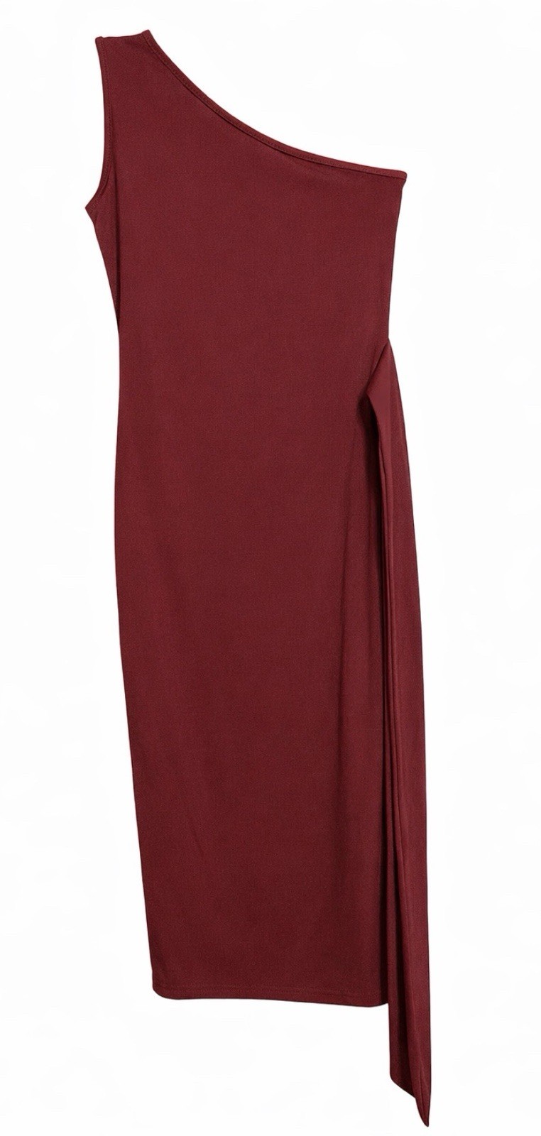 One Shoulder Bodycon Midi Dress Draped Side Tie Detail Stretch Wine Women S