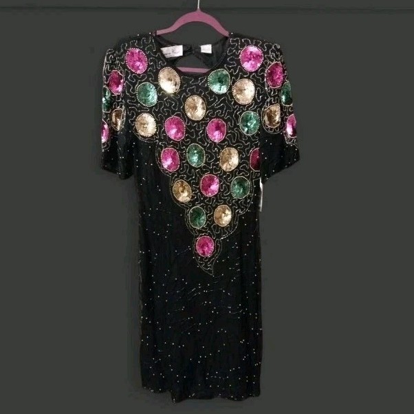 Vtg Laurence Kazar Beaded Sequin Cocktail Dress Size L Black Christmas NWT