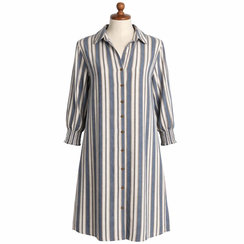 New Mlle Gabrielle Shirt Dress Size 1x Striped 100% Cotton Blue Tan White NWT