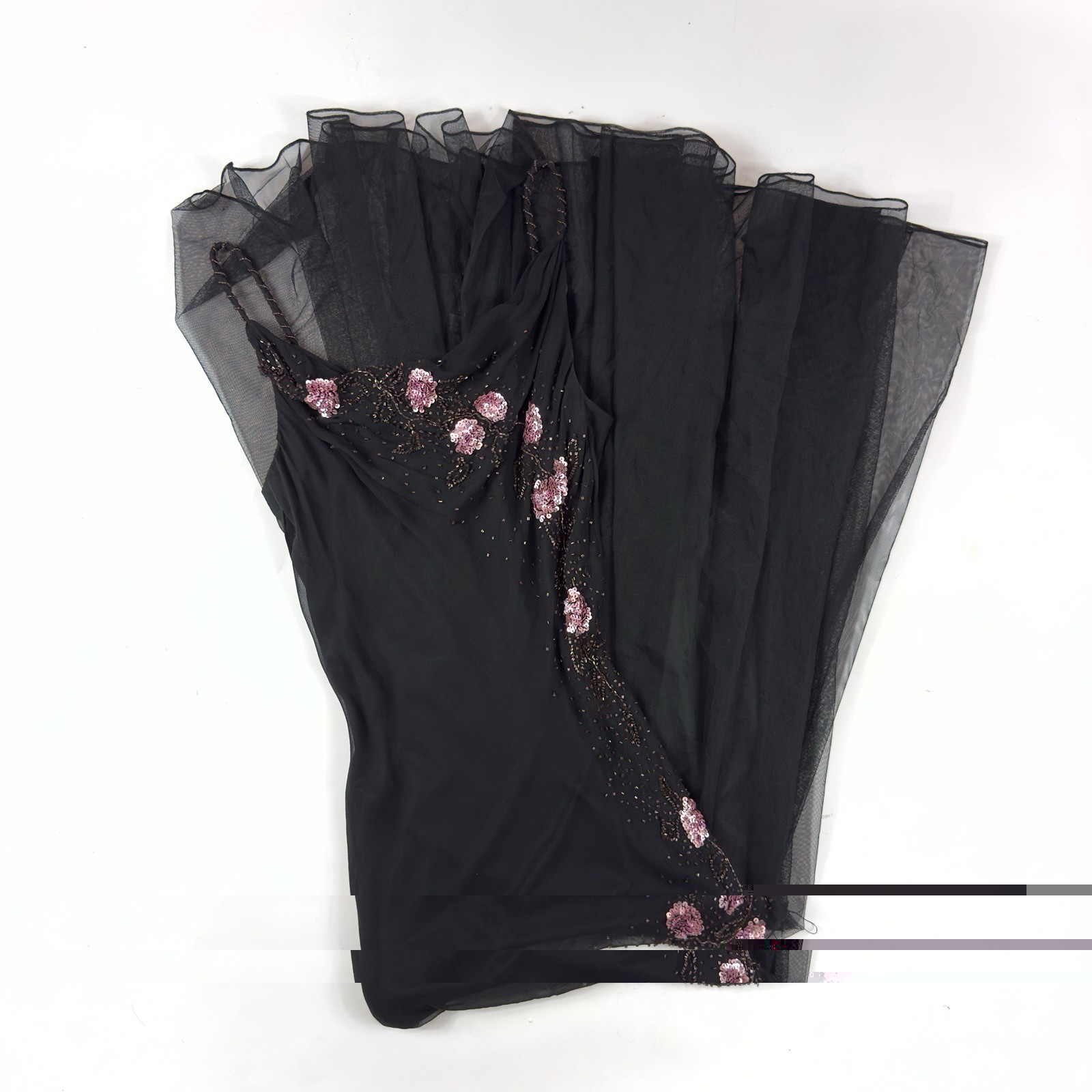 90s Xscape Black & Pink Silk Beaded Floral Embroidered Gown